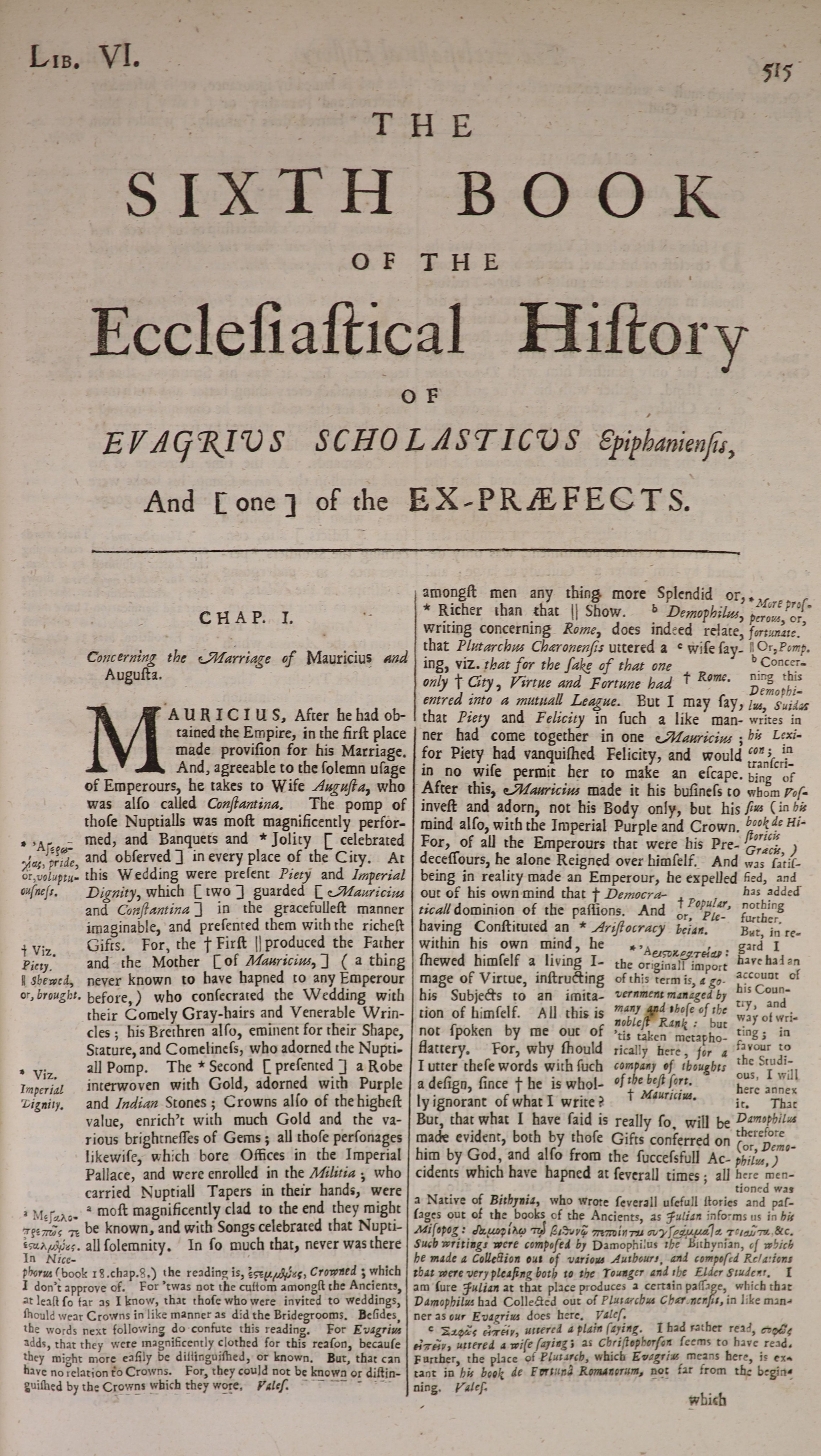 Eusebius [Eusebius Pamphilus] - The History of the Church from our Lords Incarnation, to the Twelfth year of the Emperour - Mauricius Tiberius... Calf with panelled spine and Morocco label, folio. Red and black ink title